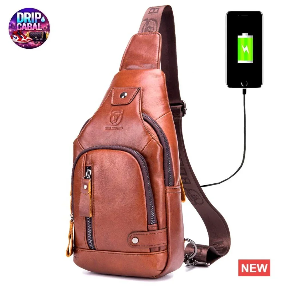 Genuine Leather Sling Bag with USB Charging Port Multi-pocket Chest Bag